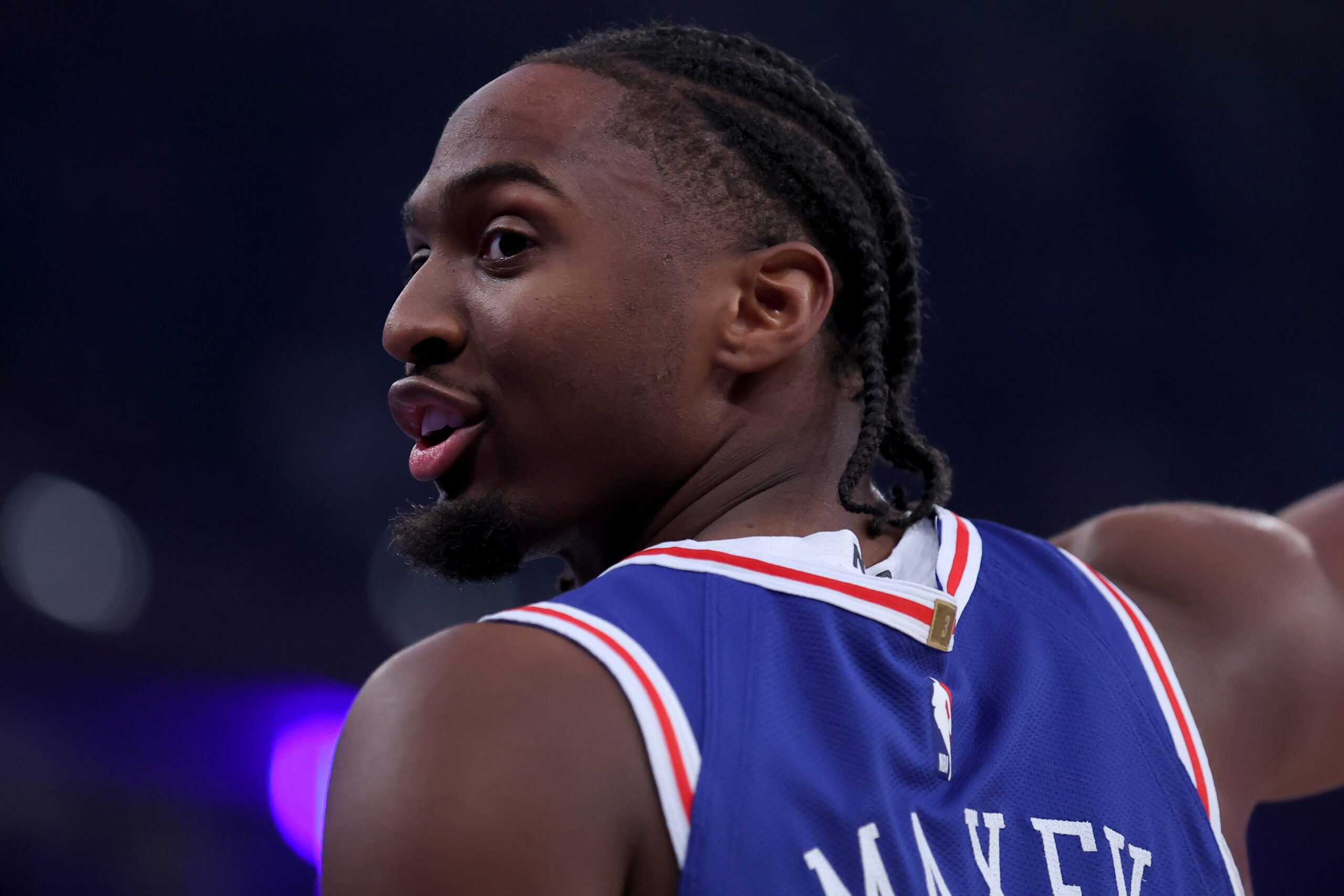 Tyrese Maxey of the Philadelphia 76ers looks over his shoulder during the Sixers’ 106-100 win over the Knicks at Madison Square Garden