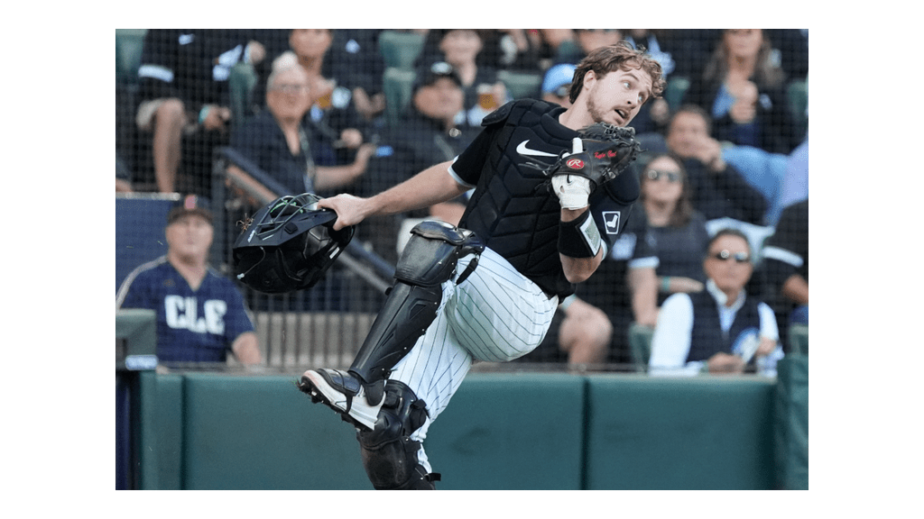 White Sox catcher Kyle Teel catches a ball during ALDS Game 3 against Cleveland.