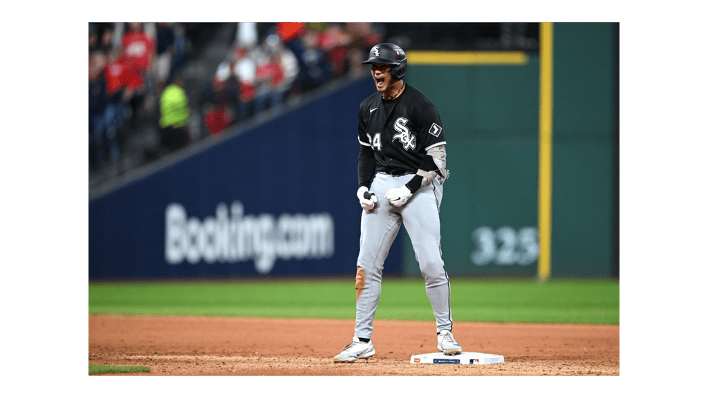 White Sox outfielder Braden Montgomery celebrates a two-run double against the Guardians in ALDS Game 2.