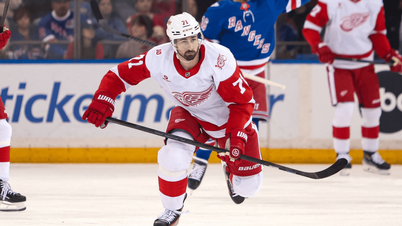 Apr 4, 2026; New York, New York, USA; Detroit Red Wings center Dylan Larkin (71) skates up ice against the New York Rangers during the first period at Madison Square Garden. Mandatory Credit: Danny Wild-Imagn Images