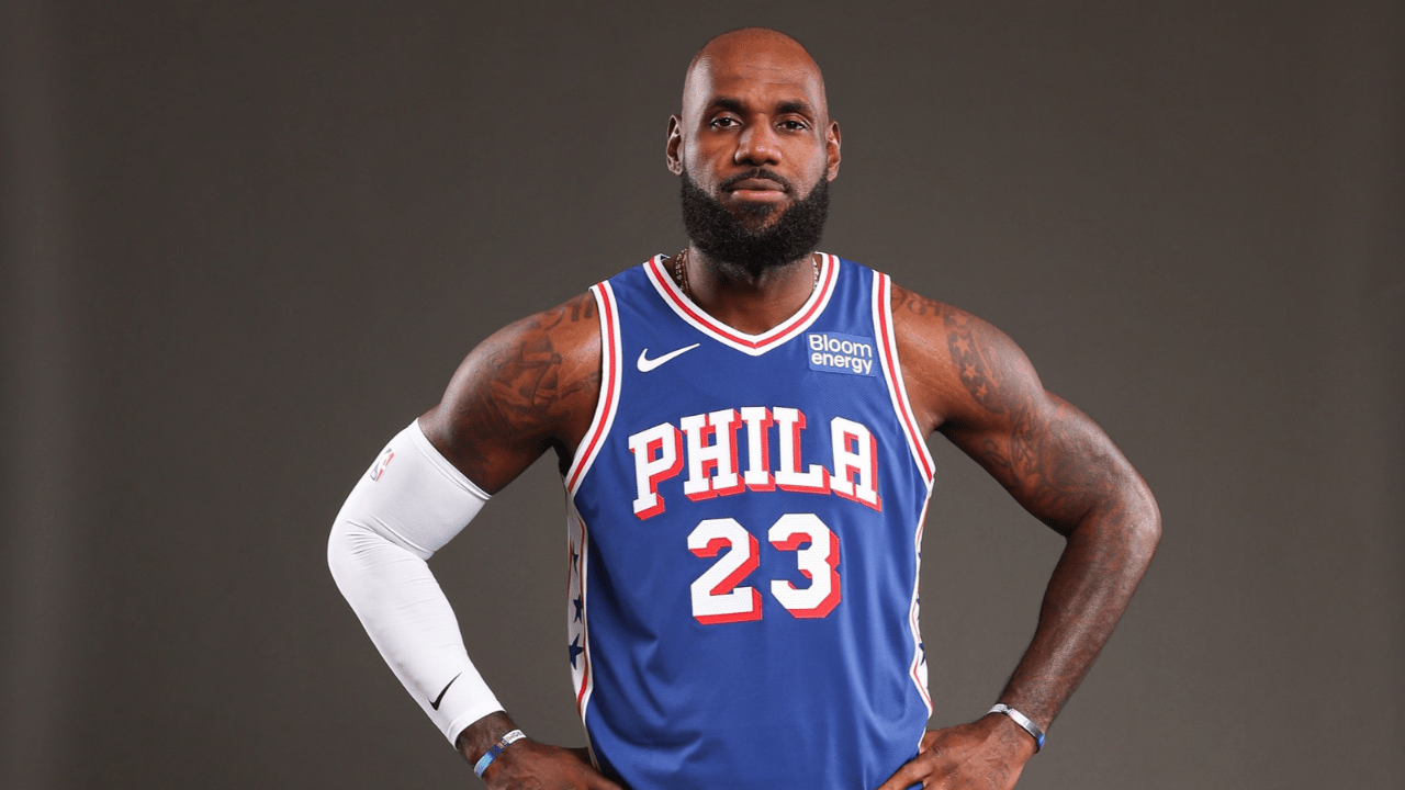 Sep 28, 2026; Camden, NJ, USA; Philadelphia 76ers LeBron James, whose playing during the NBA opening night, poses for a photo during media day. Mandatory Credit: Bill Streicher-Imagn Images