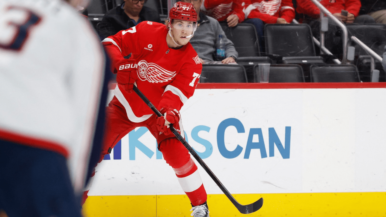 Apr 7, 2026; Detroit, Michigan, USA; Detroit Red Wings defenseman Simon Edvinsson (77) passes in the second period against the Columbus Blue Jackets at Little Caesars Arena. Mandatory Credit: Rick Osentoski-Imagn Images