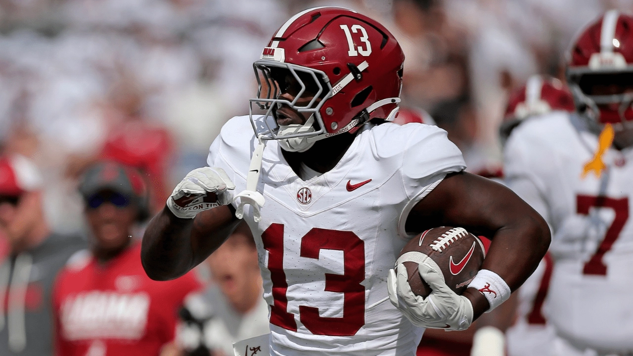Oct 3, 2026; Starkville, Mississippi, USA; Alabama Crimson Tide running back EJ Crowell (13) runs the ball during the fourth quarter against the Mississippi State Bulldogs at Davis Wade Stadium at Scott Field. Mandatory Credit: Petre Thomas-Imagn Images