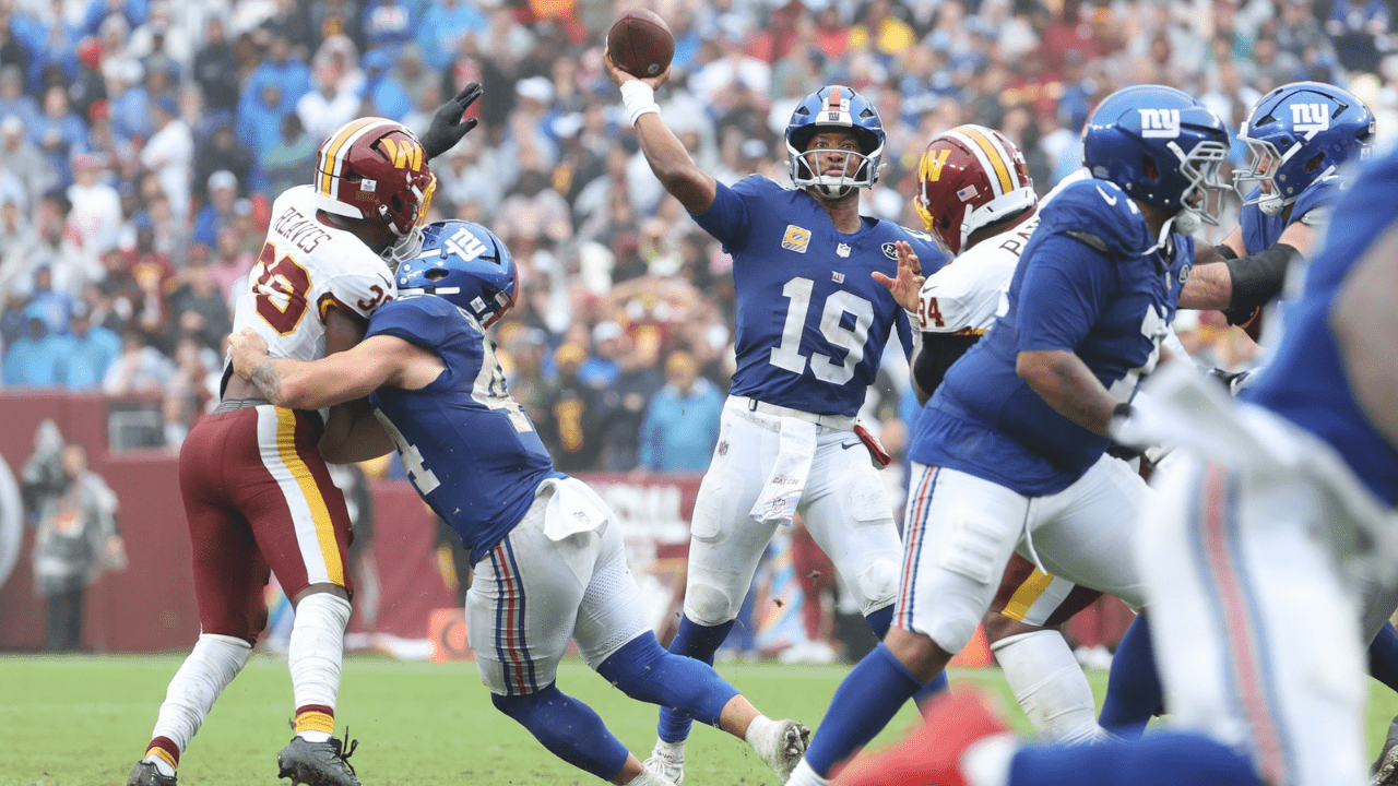 Oct 11, 2026; Landover, Maryland, USA; New York Giants quarterback Jameis Winston (19) throws the ball to wide receiver Malik Nabers (1) (not pictured) for a touchdown during the fourth quarter against the Washington Commanders at Northwest Stadium. Mandatory Credit: Amber Searls-Imagn Images