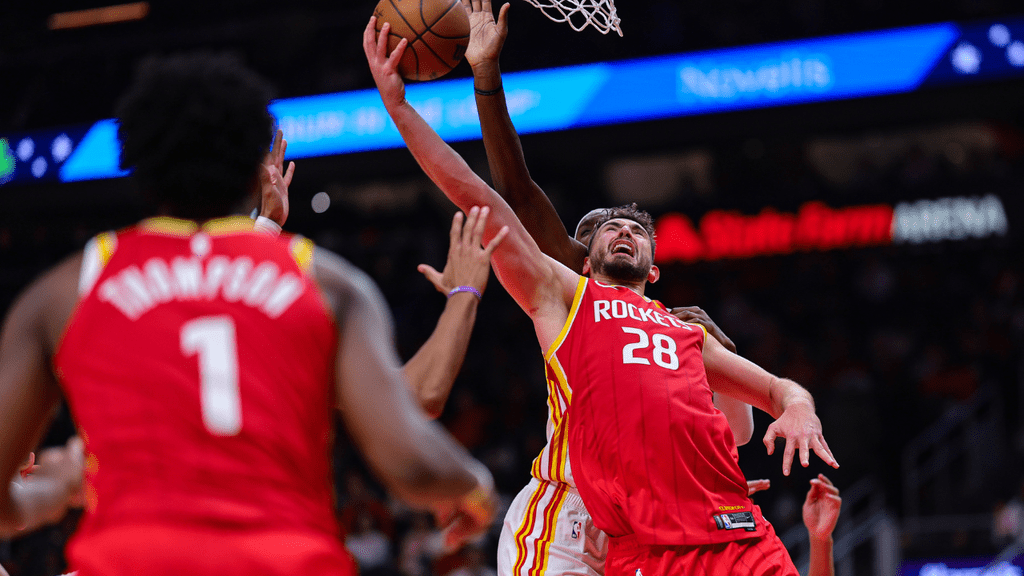 Oct 24, 2026; Atlanta, Georgia, USA; Houston Rockets center Alperen Sengun (28) shoots in the fourth quarter against the Atlanta Hawks at State Farm Arena. Mandatory Credit: Colin Hubbard-Imagn Images. NBA.