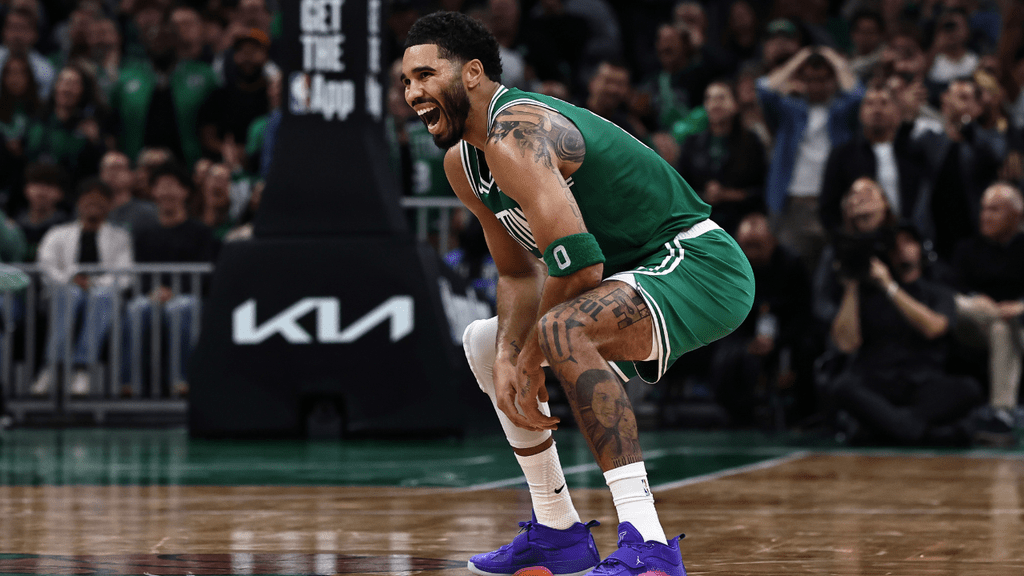 Oct 23, 2026; Boston, Massachusetts, USA; Boston Celtics forward Jayson Tatum (0) reacts during the second half against the New York Knicks at TD Garden. Mandatory Credit: Winslow Townson-Imagn Images. NBA.