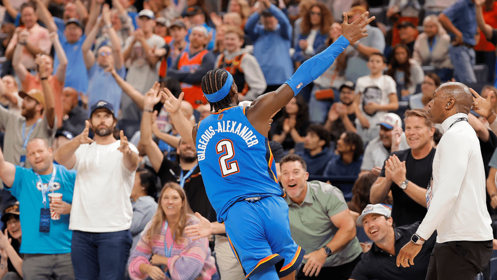 Oct 22, 2026; Oklahoma City, Oklahoma, USA; Oklahoma City Thunder guard Shai Gilgeous-Alexander (2) gestures to fans after scoring against the Denver Nuggets during the fourth quarter at Paycom Center. Mandatory Credit: Alonzo Adams-Imagn Images. NBA.