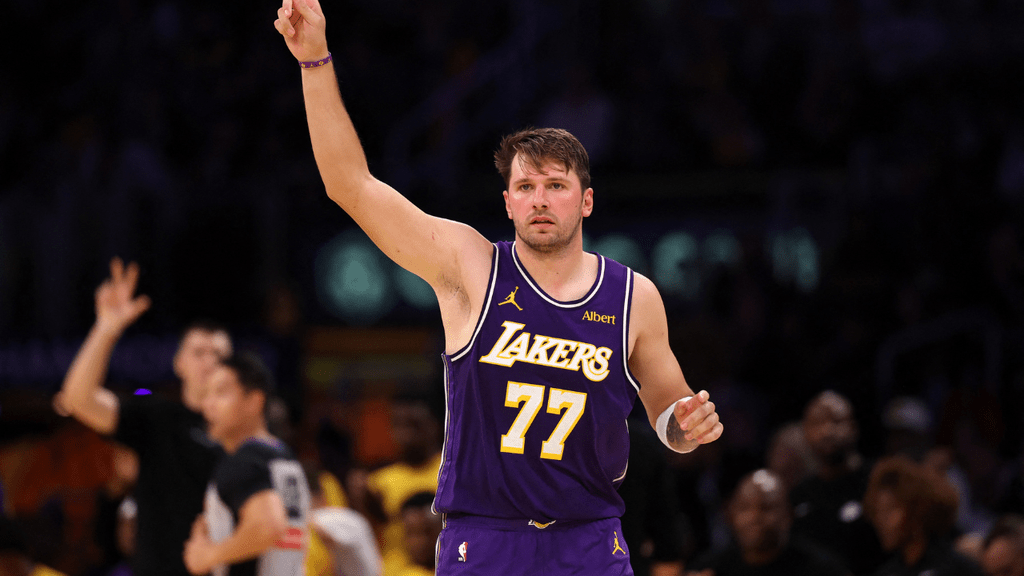 Oct 23, 2026; Los Angeles, California, USA; Los Angeles Lakers guard Luka Doncic (77) reacts during the second quarter against the Los Angeles Clippers at Crypto.com Arena. Mandatory Credit: Kiyoshi Mio-Imagn Images. NBA.