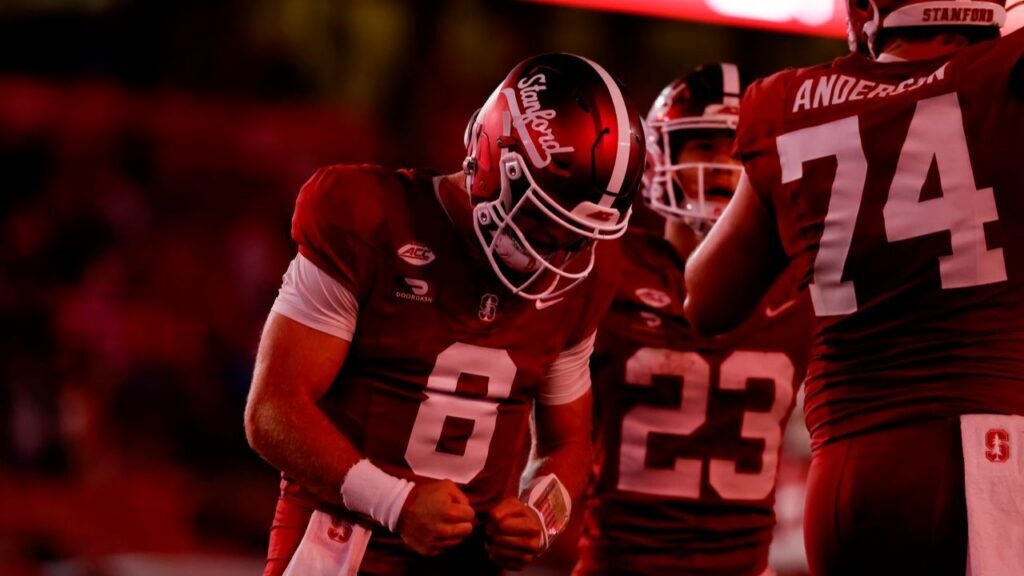 Stanford quarterback Davis Warren celebrates after a score.
