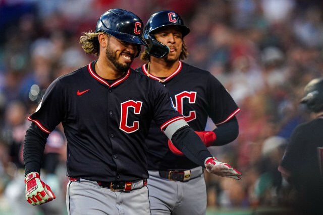 The Guardians' Gabriel Arias celebrates after hitting a home run