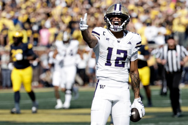 Denzel Boston celebrating after making a play against Michigan