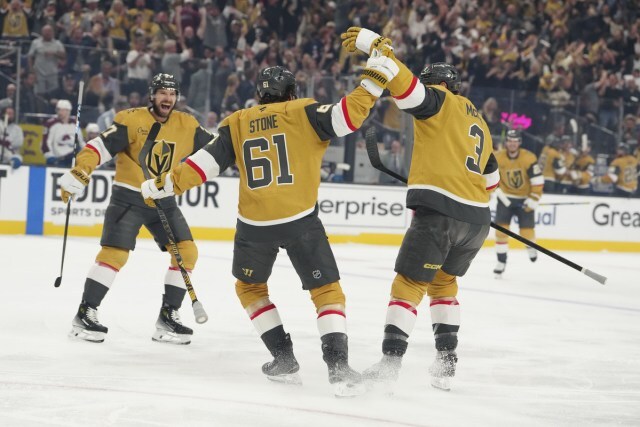 Mark Stone celebrates a goal for the Golden Knights.