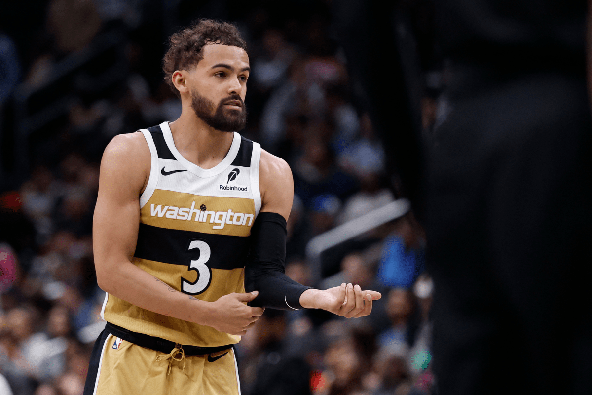 Mar 5, 2026; Washington, District of Columbia, USA; Washington Wizards guard Trae Young (3) stands on the court against the Utah Jazz in the second half at Capital One Arena. Mandatory Credit: Geoff Burke-Imagn Images
