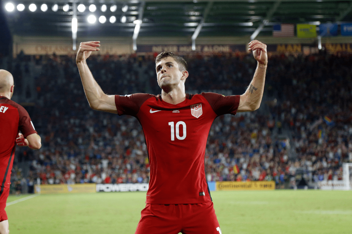 Oct 6, 2017; Orlando, FL, USA; USA midfielder Christian Polisic (10) celebrates to the fans as he scores a goal against the Panama during the first half at Orlando City Stadium. Mandatory Credit: Kim Klement-USA TODAY Sports