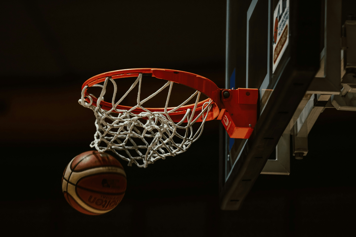 NBA style basketball hoop and basketball.