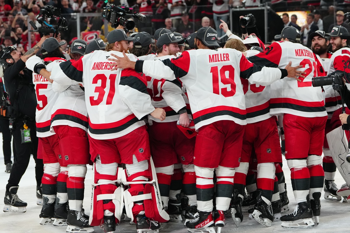 The Carolina Hurricanes celebrate winning the Stanley Cup.