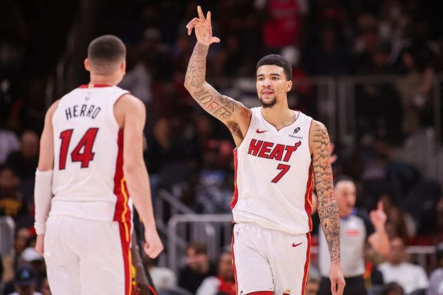Miami Heat Tyler Herro and Kel'el Ware celebrating