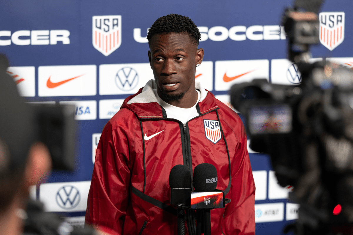 Jun 28, 2026; Irvine, California, USA; USA forward Folarin Balogun (20) interviews before a training session in preparation for their upcoming 2026 FIFA World Cup match at Great Park Sports Complex. Mandatory Credit: Bailey Holiver-Imagn Images