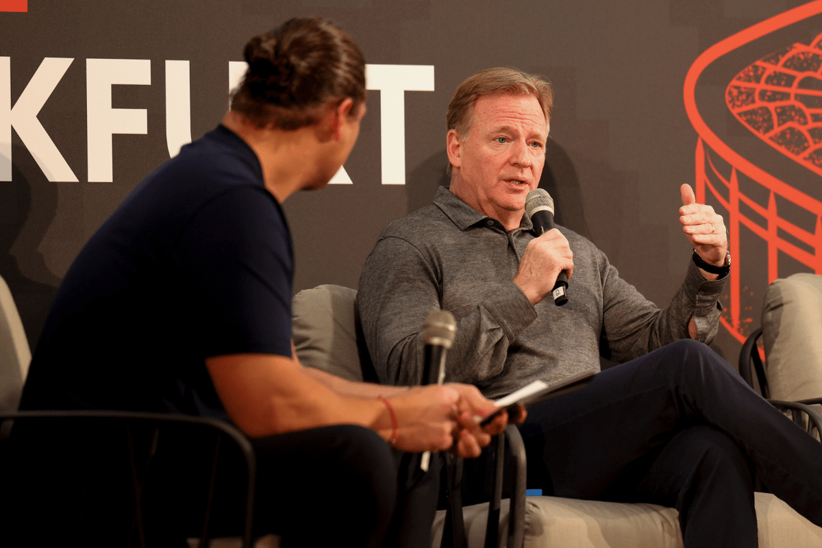 Nov 4, 2023; Frankfurt, Hessen, Germany; NFL commissioner Rodger Goodell, who enforces the salary cap, speaks during a fan forum at Steigenberger Frankfurter Hof Hotel. Mandatory Credit: Nathan Ray Seebeck-USA TODAY Sports