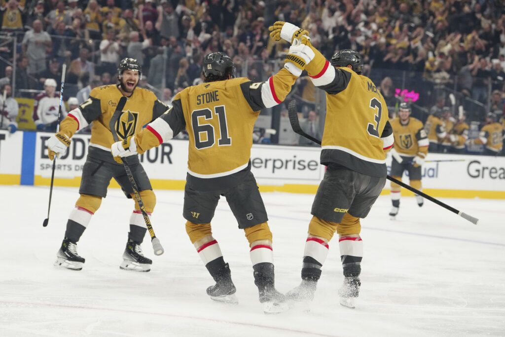 Mark Stone celebrates a goal for the Golden Knights.