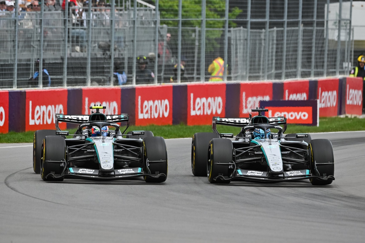 Mercedes cars line up for the 2026 Canadian Grand Prix.