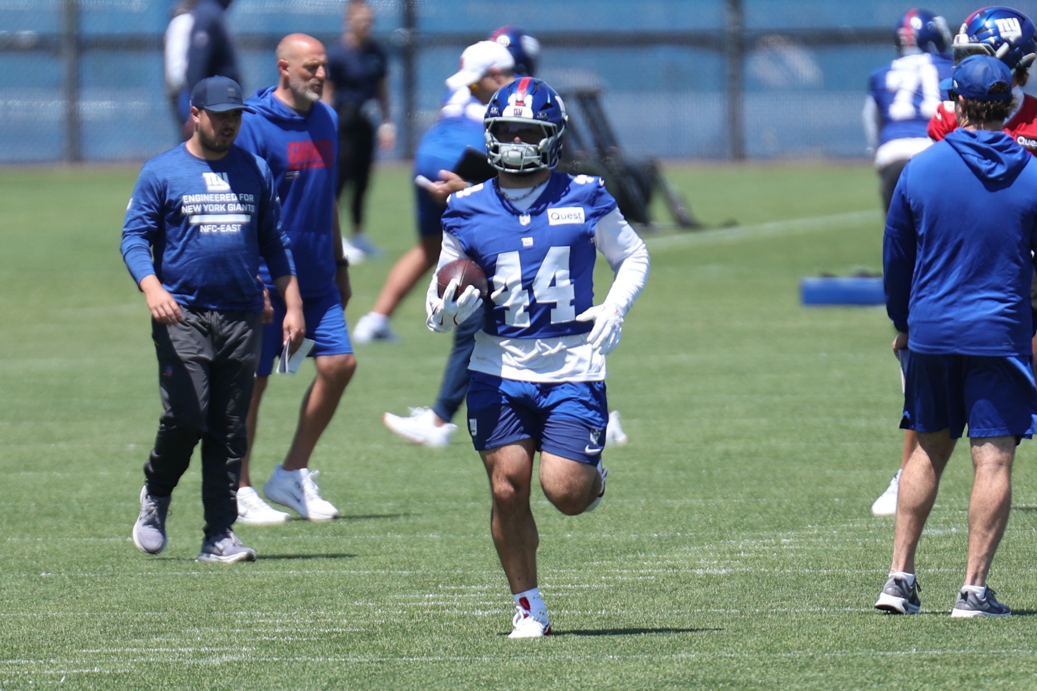 Jun 9, 2026; East Rutherford, NJ, USA; New York Giants running back Cam Skattebo (44), onf of the breakout running backs candidates for 2026, participates in drills during the minicamp activities at Quest Diagnostics Center. Mandatory Credit: Thomas Salus-Imagn Images
