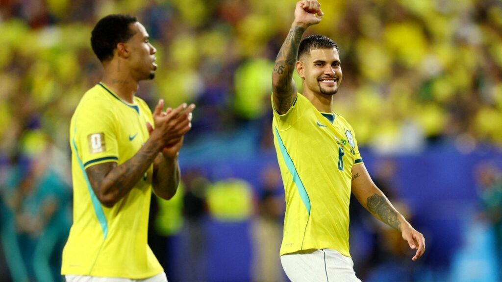 Soccer Football - FIFA World Cup 2026 - Group C - Scotland v Brazil - Miami Stadium, Miami Gardens, Florida, U.S. - June 24, 2026 Brazil's/ Arsenal's Gabriel Magalhaes am Bruno Guimaraes celebrate after the match IMAGN IMAGES via Reuters/Nathan Ray Seebeck