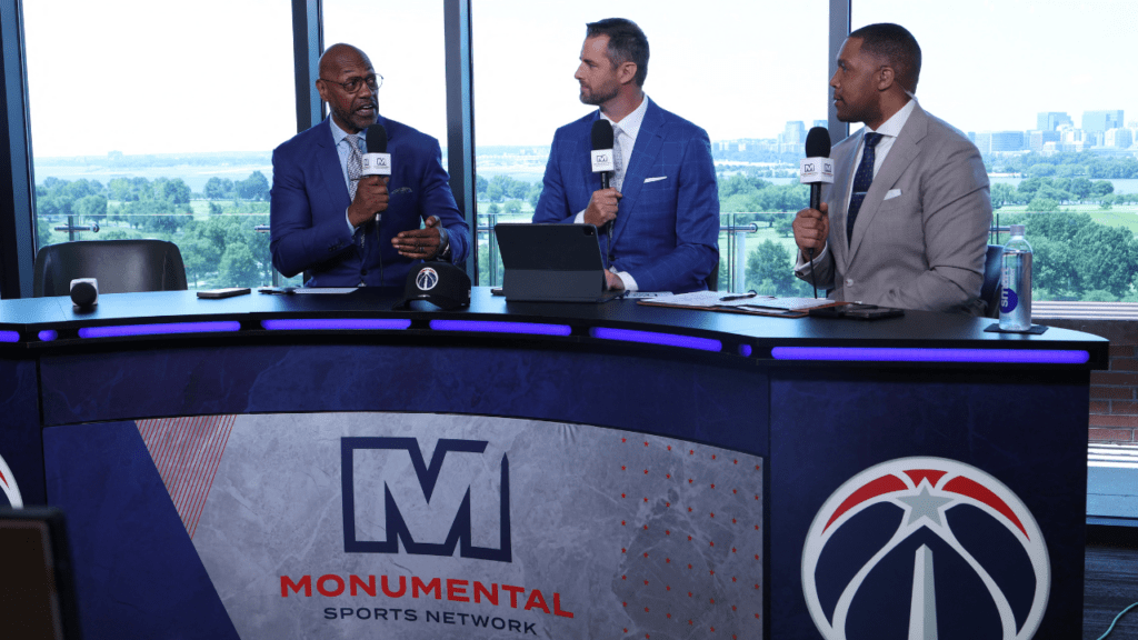 Jun 25, 2026; Washington, DC, USA; Monumental Sports Network Broadcasters speak after press conference for Washington Wizards first round draft pick and number one overall pick AJ Dybantsa (not pictured) at InterContinental Hotel. Mandatory Credit: Amber Searls-Imagn Images