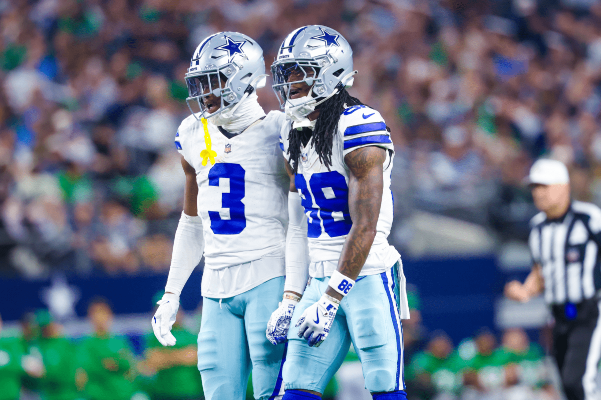 Nov 23, 2025; Arlington, Texas, USA; Dallas Cowboys wide receiver George Pickens (3) and Dallas Cowboys wide receiver CeeDee Lamb (88) react during the game against the Philadelphia Eagles at AT&T Stadium. Mandatory Credit: Kevin Jairaj-Imagn Images