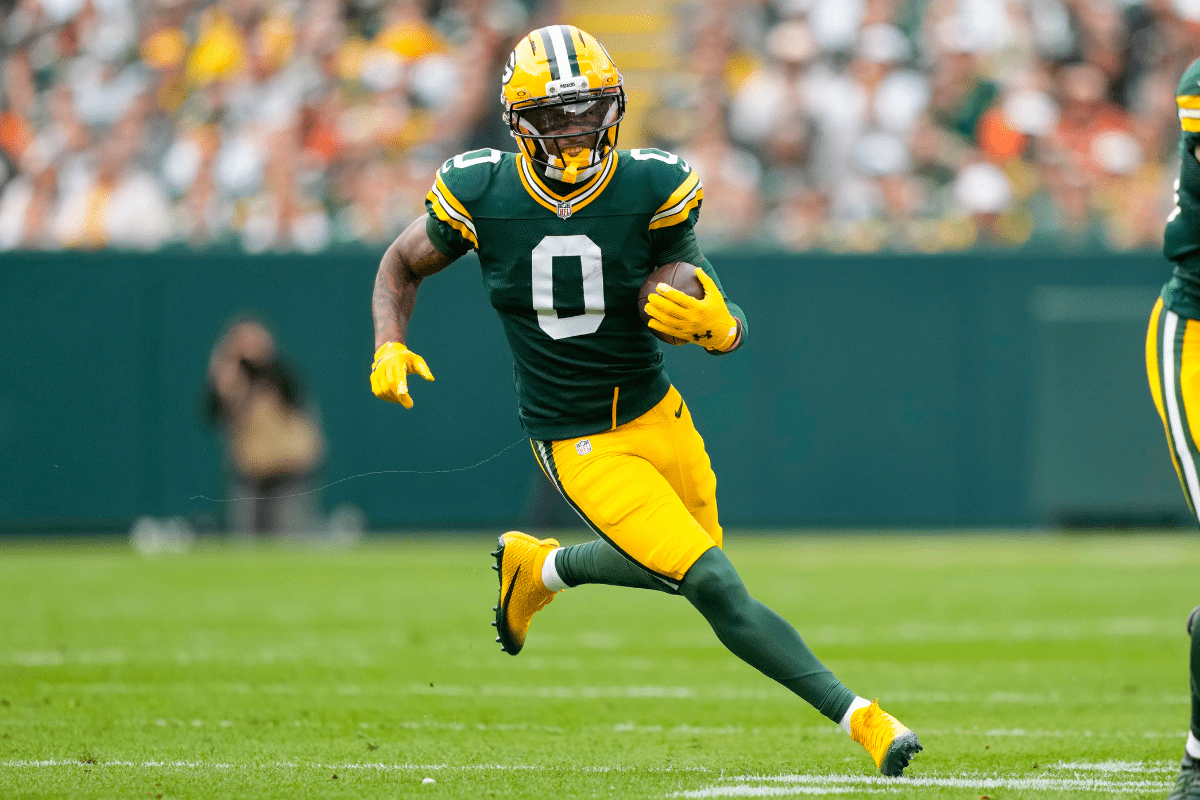 Oct 12, 2025; Green Bay, Wisconsin, USA; Green Bay Packers wide receiver Matthew Golden (0), a fantasy football sleeper dradt candidate in 2026, during the game against the Cincinnati Bengals at Lambeau Field. Mandatory Credit: Jeff Hanisch-Imagn Images