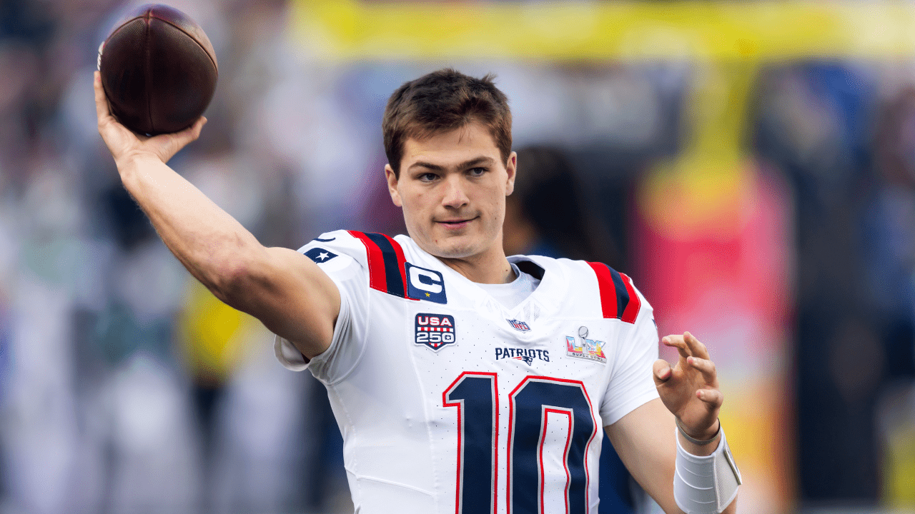 Feb 8, 2026; Santa Clara, CA, USA; New England Patriots quarterback Drake Maye (10), one of our funny fantasy foobtall names for 2026, against the Seattle Seahawks during Super Bowl LX at Levi's Stadium. Mandatory Credit: Mark J. Rebilas-Imagn Images