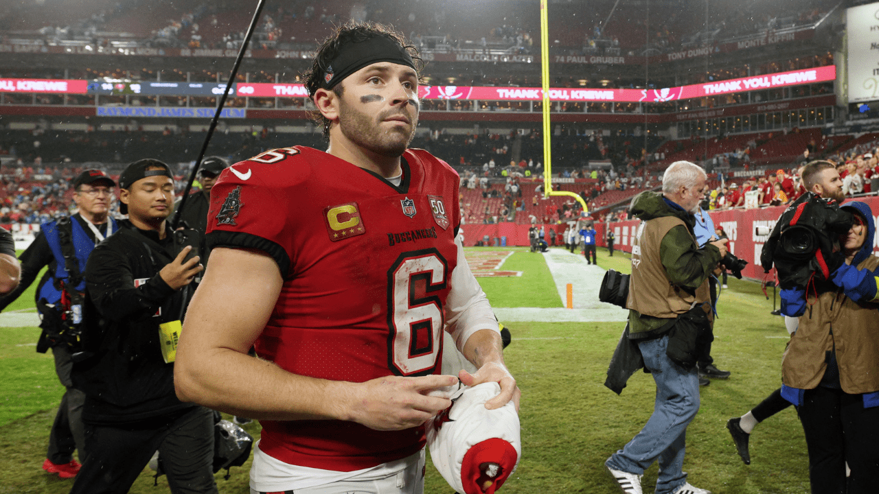Jan 3, 2026; Tampa, Florida, USA; Tampa Bay Buccaneers quarterback Baker Mayfield (6) leaves the field after defeating the Carolina Panthers at Raymond James Stadium. Mandatory Credit: Nathan Ray Seebeck-Imagn Images