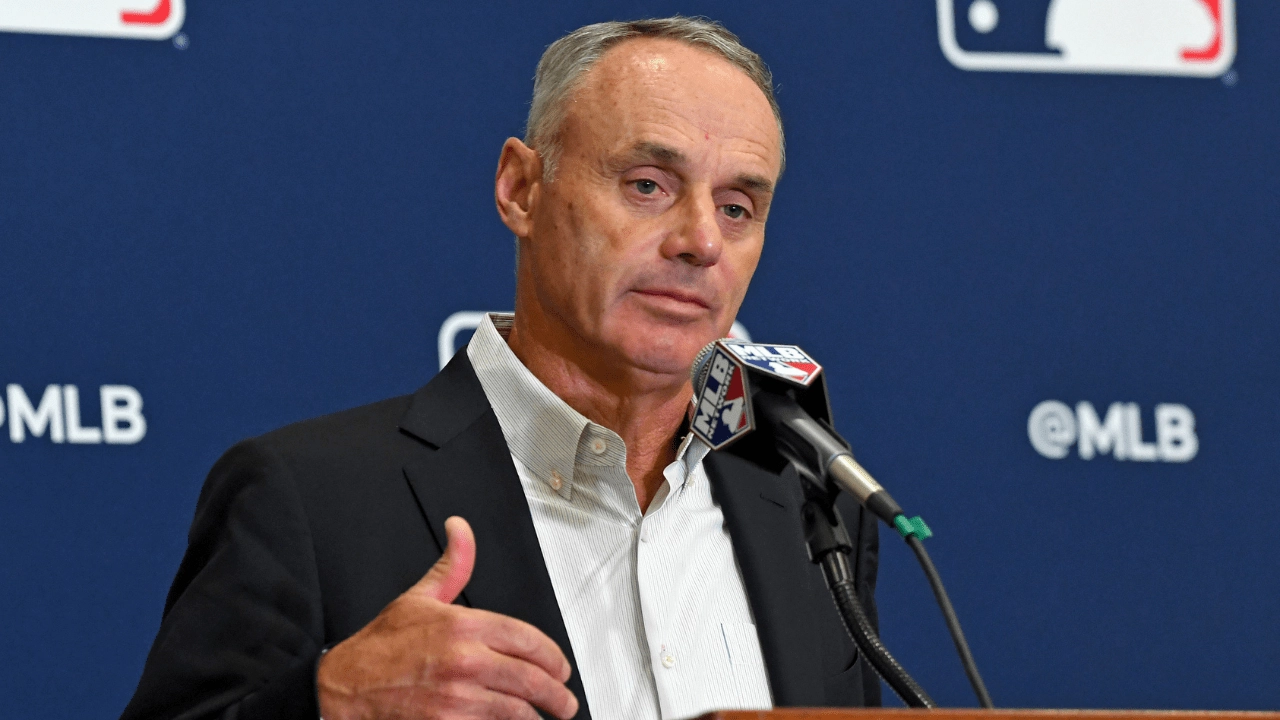 Feb 19, 2019; Glendale, AZ, USA; Baseball commissioner Robert D. Manfred, Jr., who enforces the MLB luxury tax, answers questions from the media during spring training media day at the Glendale Civic Center. Mandatory Credit: Jayne Kamin-Oncea-USA TODAY Sports