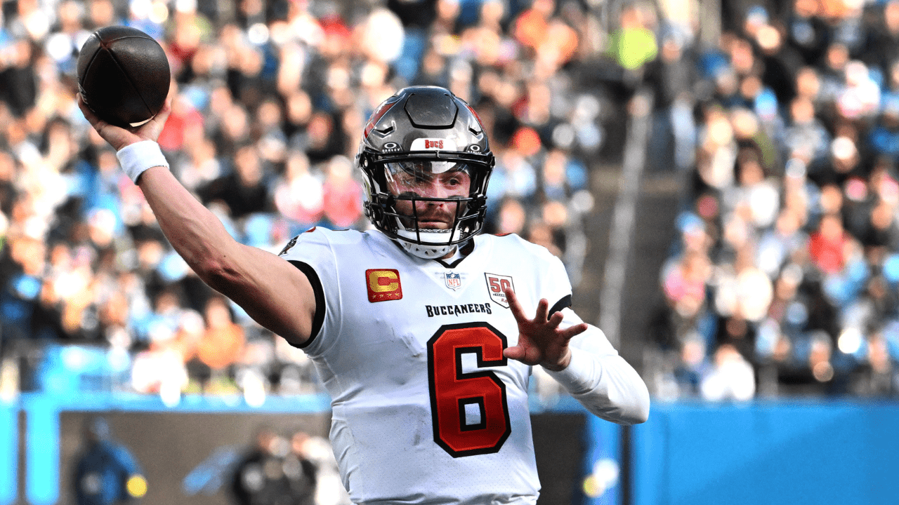 Dec 21, 2025; Charlotte, North Carolina, USA; Tampa Bay Buccaneers quarterback Baker Mayfield (6) passes the ball in the third quarter at Bank of America Stadium. Mandatory Credit: Bob Donnan-Imagn Images