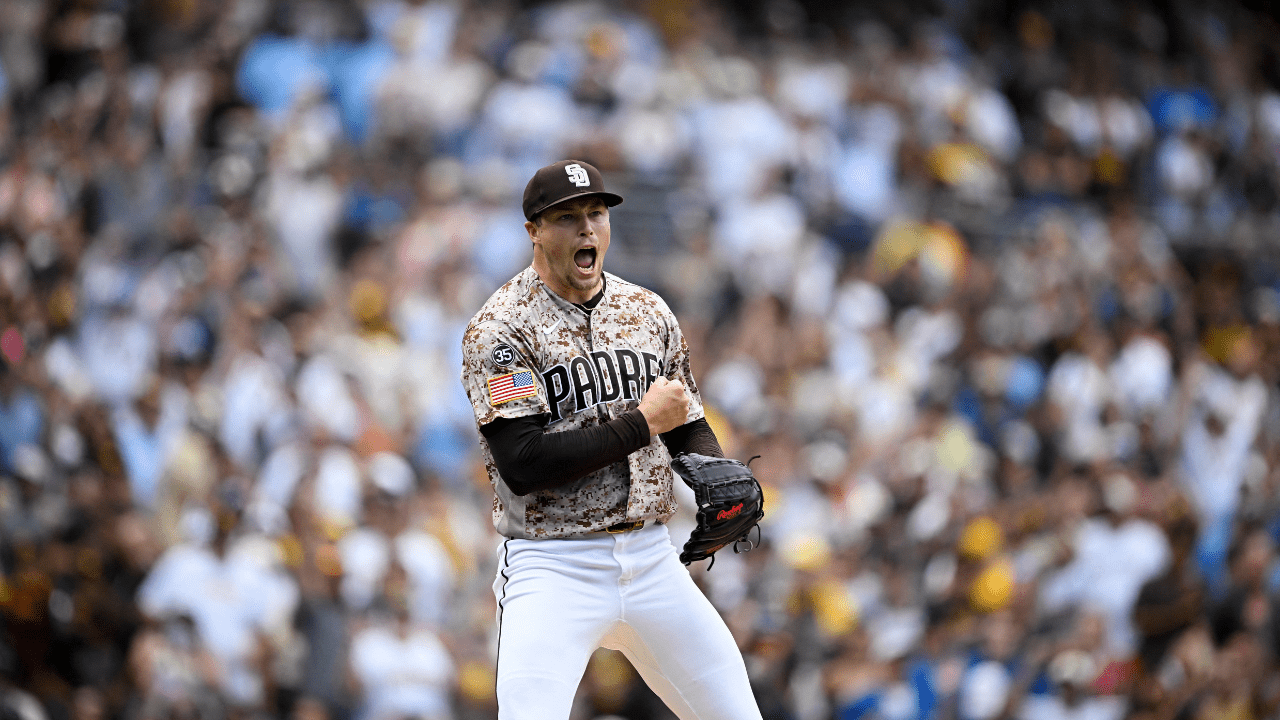 Jul 12, 2026; San Diego, California, USA; San Diego Padres pitcher Mason Miller (22), a 2026 MLB Trade Deadline candidate, celebrates after the Padres beat the Toronto Blue Jays at Petco Park. Mandatory Credit: Denis Poroy-Imagn Images