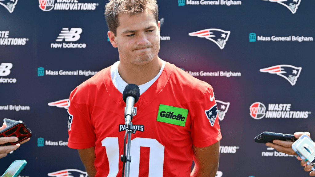 Jul 25, 2026; Foxborough, MA, USA; New England Patriots quarterback Drake Maye (10) answers questions from the media after training camp at Gillette Stadium. Mandatory Credit: Eric Canha-Imagn Images