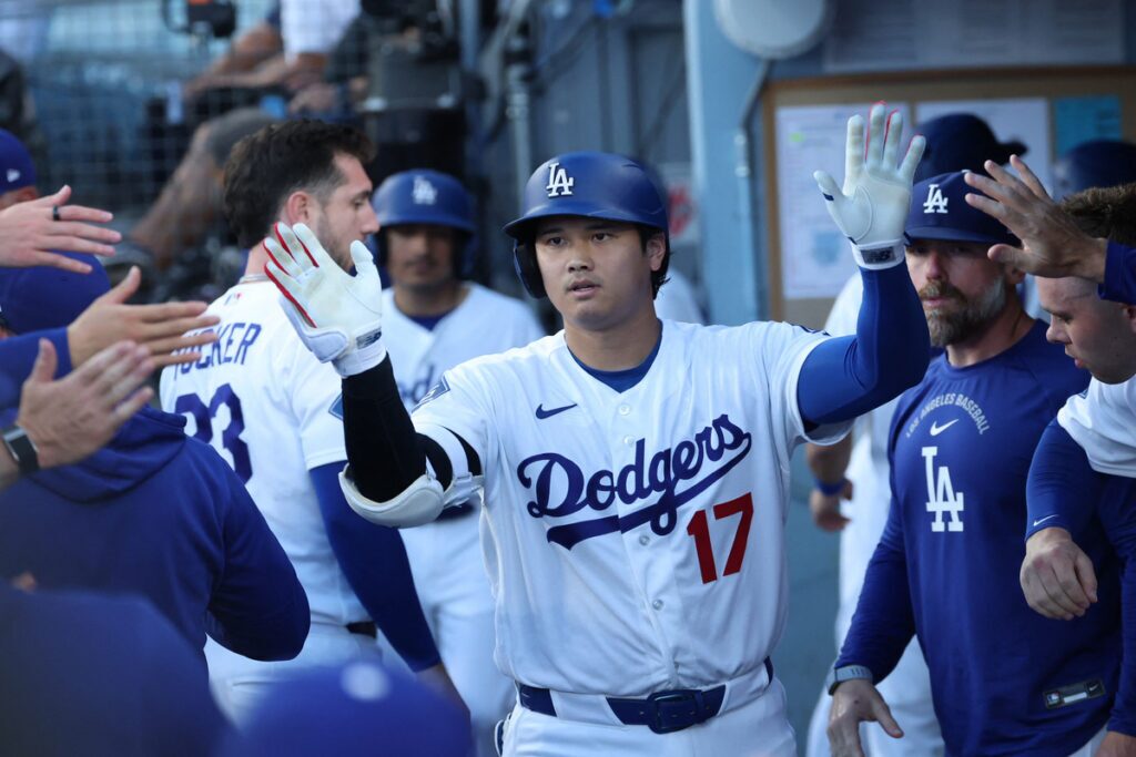 Shohei Ohtani celebrates. 