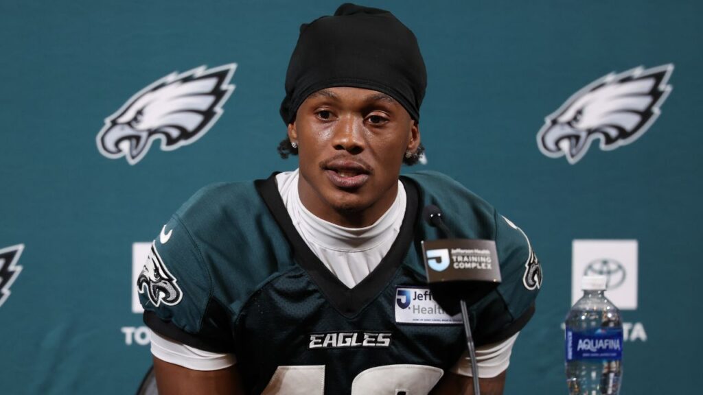 Philadelphia Eagles WR Dontayvion Wicks speaks with media during training camp