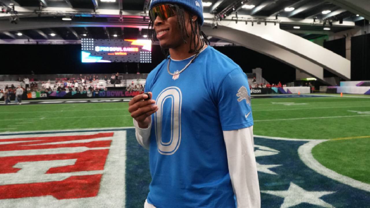 Detroit Lions running back Jahmyr Gibbs (0) during NFC practice at the Flag Fieldhouse Moscone Center South Building.