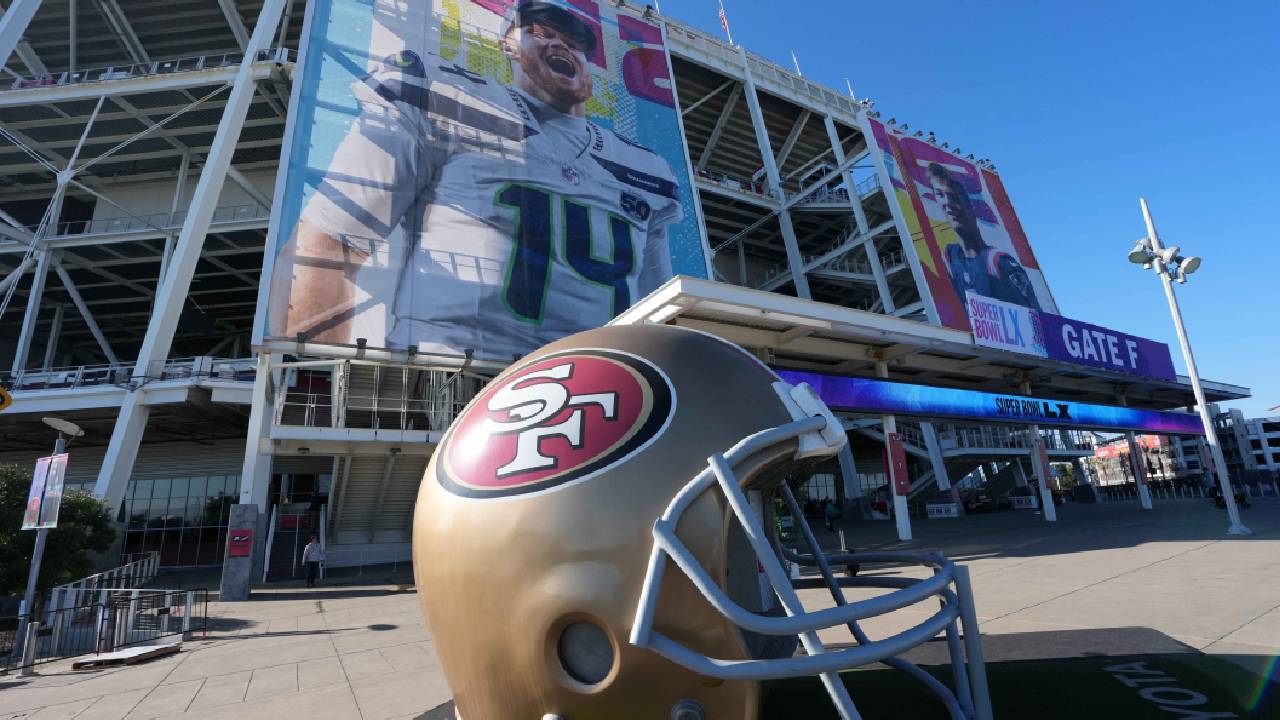 A large San Francisco 49ers helmet at Levi's Stadium.