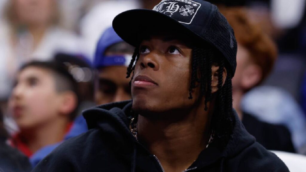 Detroit Lions running back Jahmyr Gibbs looks on in the second half of the game between the Detroit Pistons and the Cleveland Cavaliers during game one of the second round of the 2026 NBA Playoffs at Little Caesars Arena.