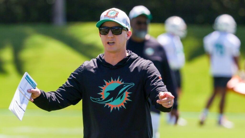 May 8, 2026; Miami Gardens, FL, USA; Miami Dolphins offensive coordinator Bobby Slowik works with his players during rookie minicamp at Baptist Health Training Complex. Mandatory Credit: Sam Navarro-Imagn Images

