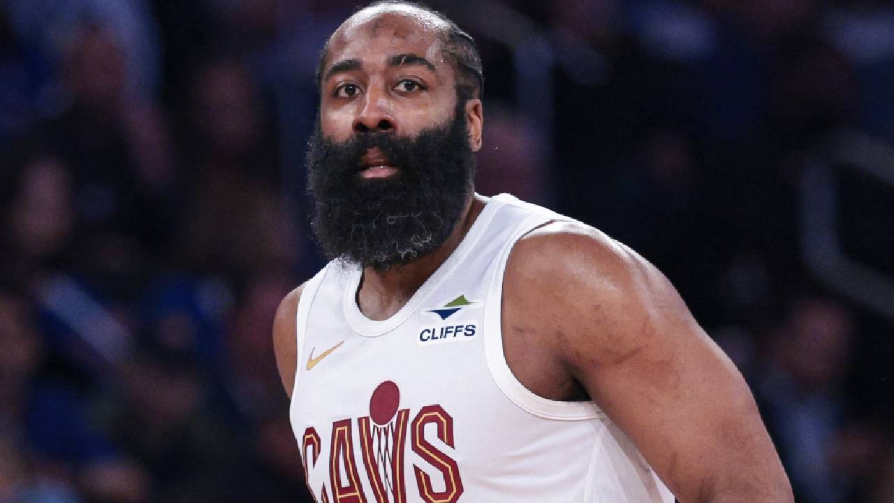 Cleveland Cavaliers guard James Harden (1) dribbles up court against the New York Knicks during the second quarter of the eastern conference finals of the 2026 NBA playoffs at Madison Square Garden.