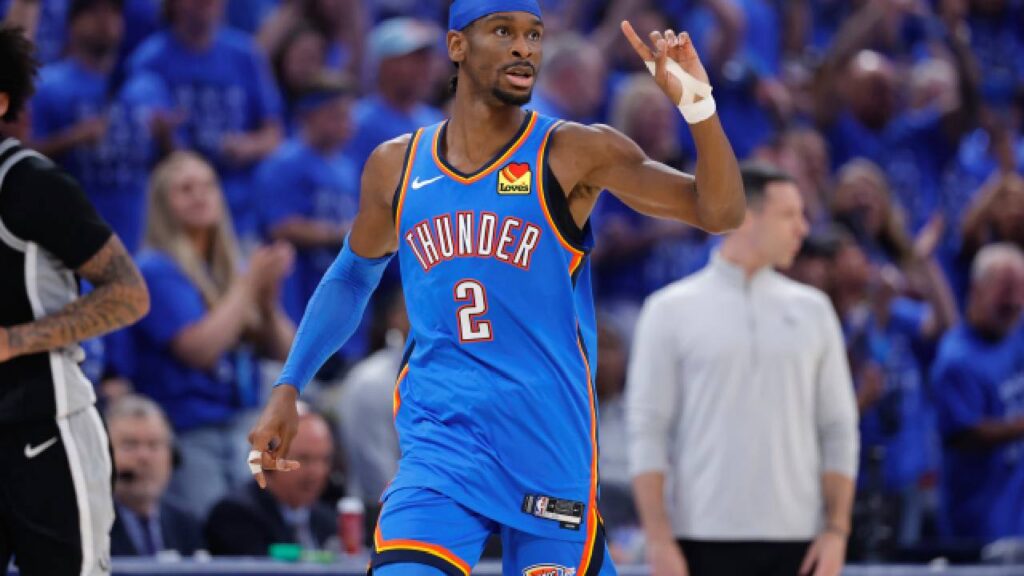 Oklahoma City Thunder guard Shai Gilgeous-Alexander (2) reacts in the second quarter against the San Antonio Spurs during game seven of the western conference finals for the 2026 NBA playoffs at Paycom Center.