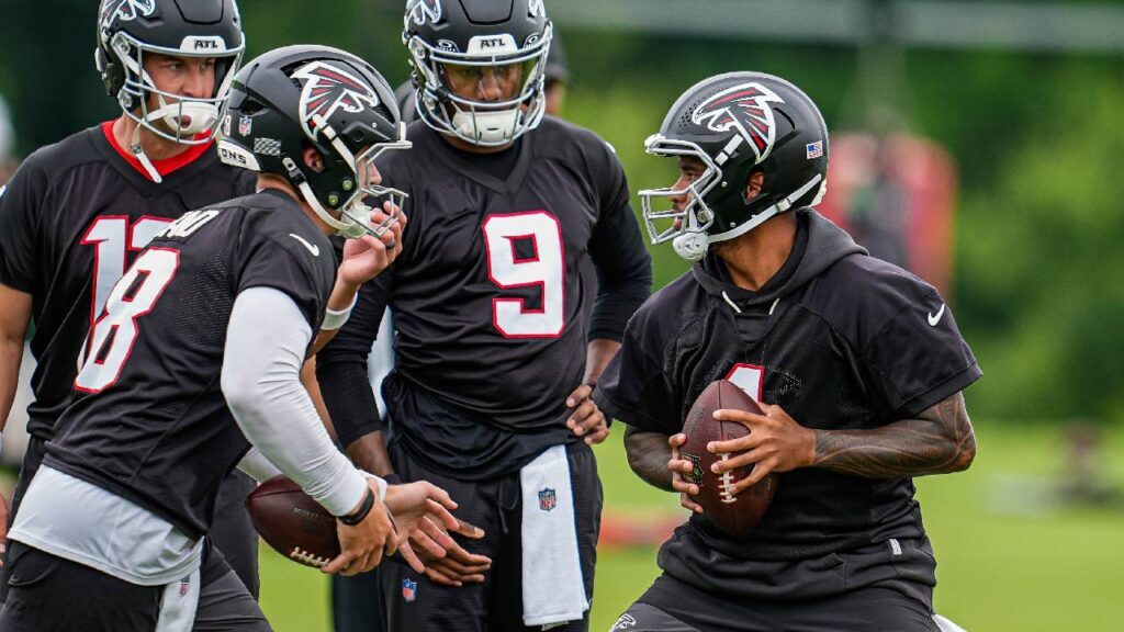 Atlanta Falcons quarterback Tua Tagovailoa (1) shown on the field during Minicamp. 