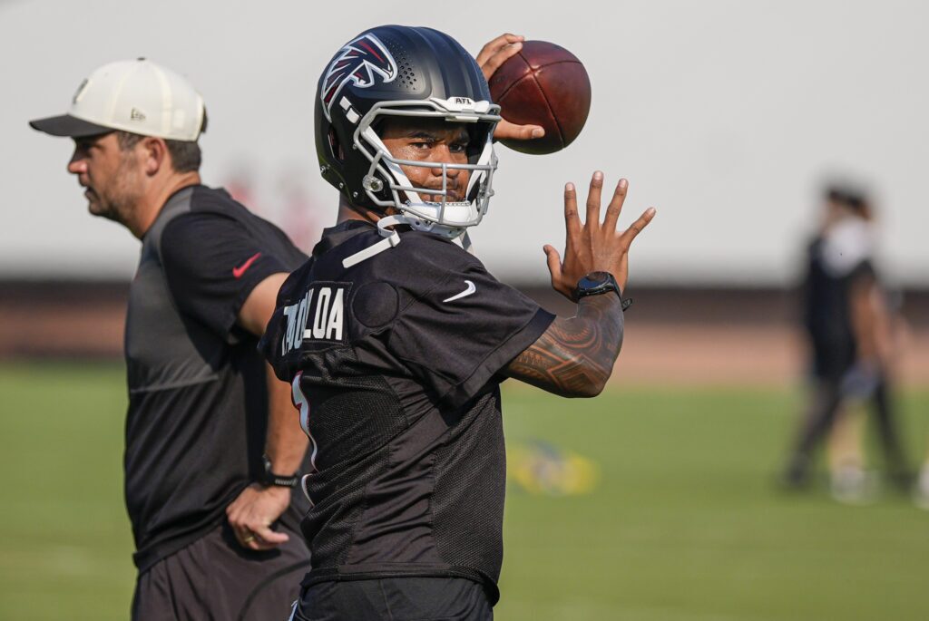Atlanta Falcons quarterback Tua Tagovailoa (1) shown on the field during training camp at IBM Performance Field. 