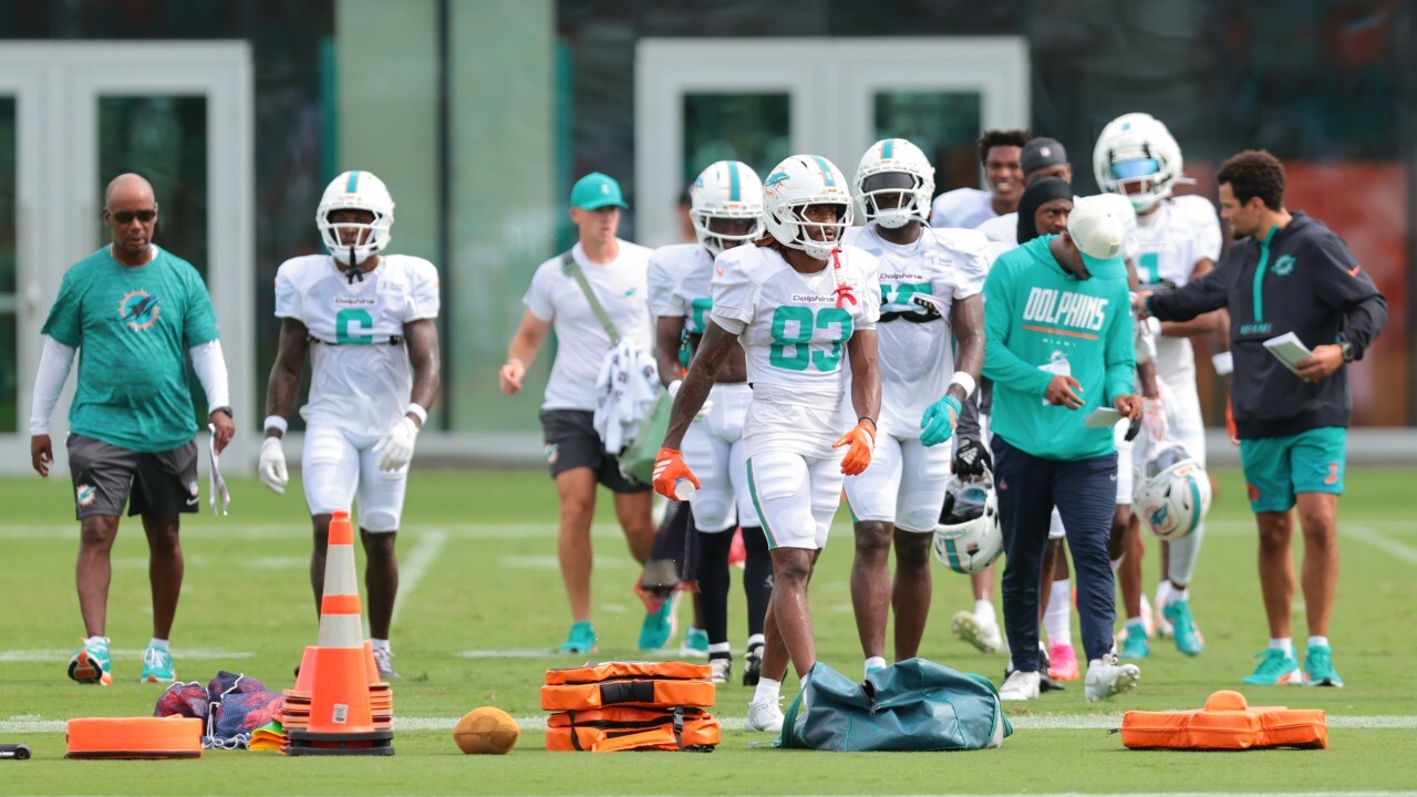 Aug 3, 2026; Miami Gardens, FL, USA; Miami Dolphins wide receiver Kevin Coleman Jr. (83) looks on during practice at Baptist Health Training Complex. Mandatory Credit: Sam Navarro-Imagn Images