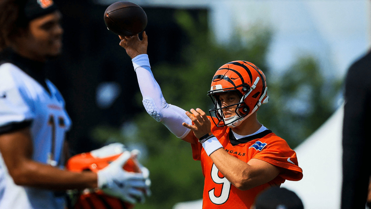 Jul 29, 2026; Cincinnati, OH, USA; Cincinnati Bengals quarterback Joe Burrow (9), subject of much 2026 Fantasy Football season outlook speculation, throws a pass during training camp at Kettering Health Practice Fields. Mandatory Credit: Katie Stratman-Imagn Images