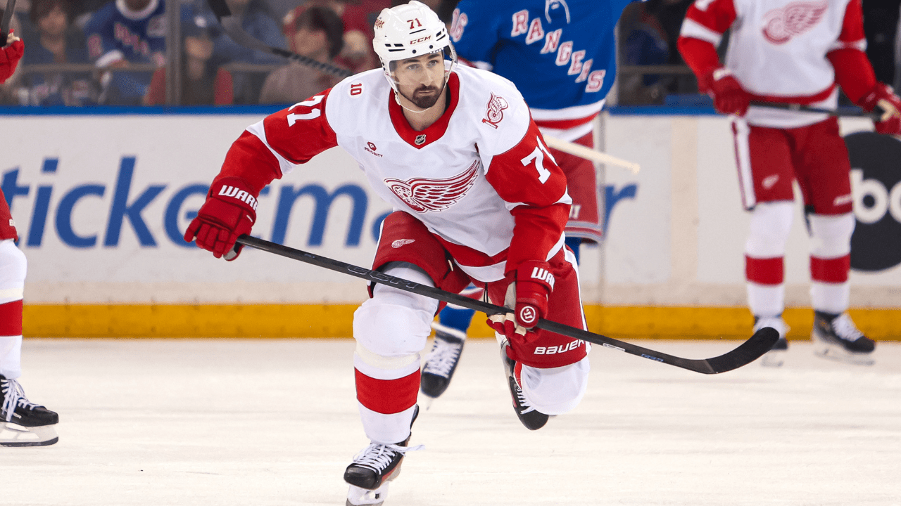 Apr 4, 2026; New York, New York, USA; Detroit Red Wings center Dylan Larkin (71) skates up ice against the New York Rangers during the first period at Madison Square Garden. Mandatory Credit: Danny Wild-Imagn Images
