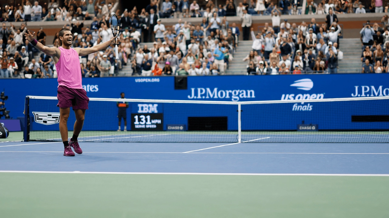 Sep 7, 2025; Flushing, NY, USA; Carlos Alcaraz (ESP) celebrates after match point against Jannik Sinner (ITA) (not pictured) in the men's singles final of the 2025 US Open tennis championships at USTA Billie Jean King National Tennis Center. Mandatory Credit: Geoff Burke-Imagn Images